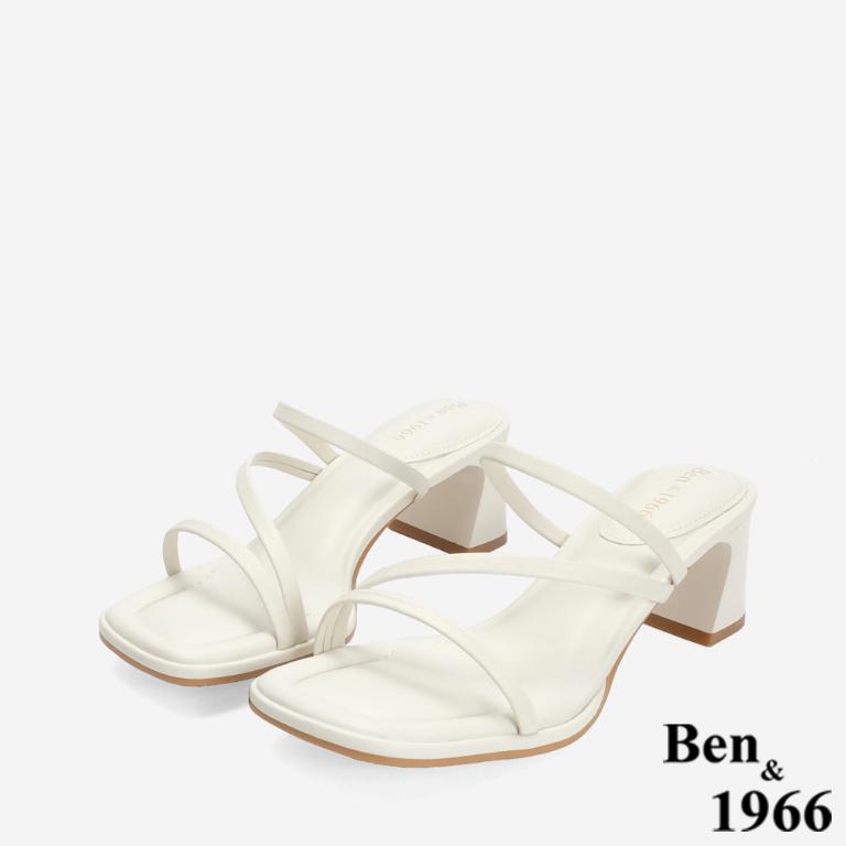 Ben&1966 柔軟羊皮優雅細帶方頭高跟拖鞋-米白(246692)