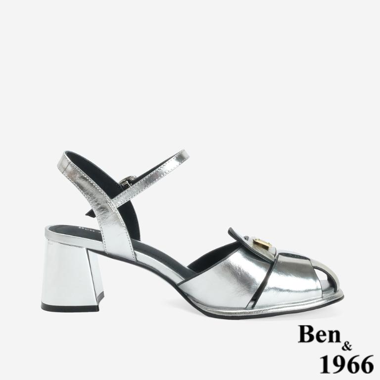 Ben&1966 高級金屬牛皮質感個性高跟涼鞋-銀(246661)