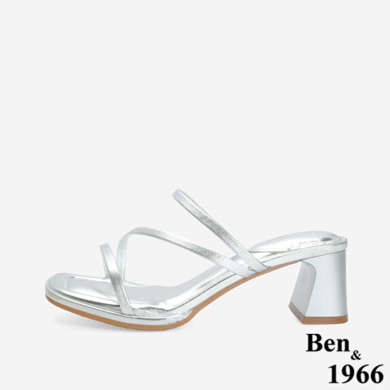 Ben&1966 柔軟羊皮優雅細帶方頭高跟拖鞋-銀(246691)