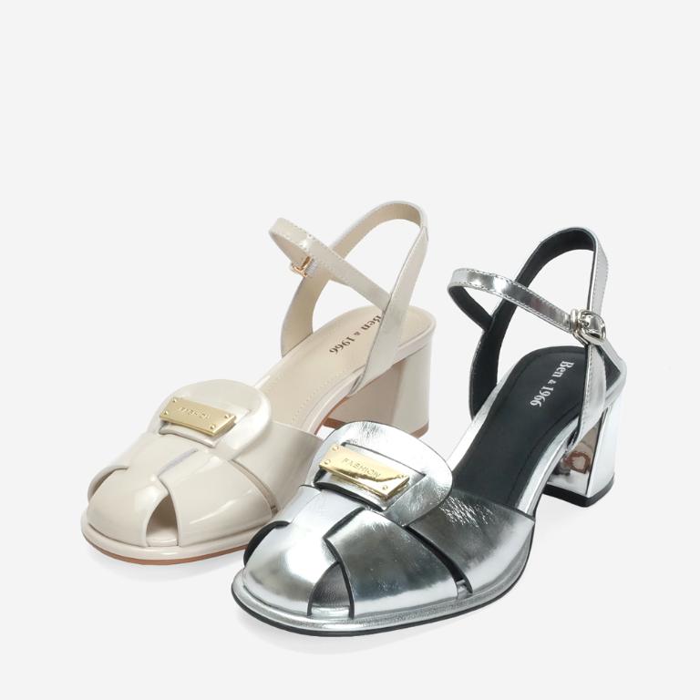 Ben&1966 高級金屬牛皮質感個性高跟涼鞋-米白(246662)