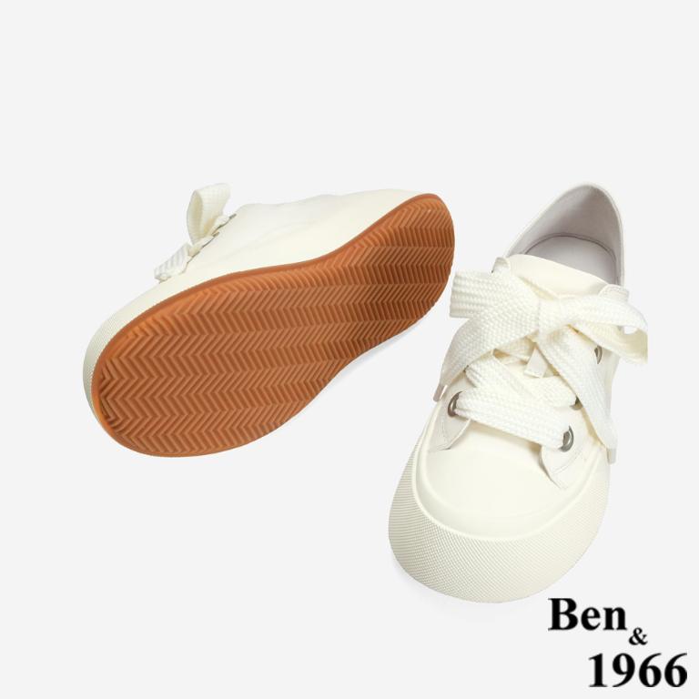 Ben&1966 高級頭層牛皮俏皮寬鞋帶厚底休閒鞋-米白(246762)