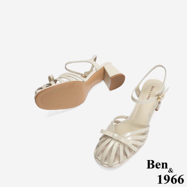 Ben&1966 高級牛漆皮優雅小蝴蝶結造型高跟涼鞋-米白(246702)