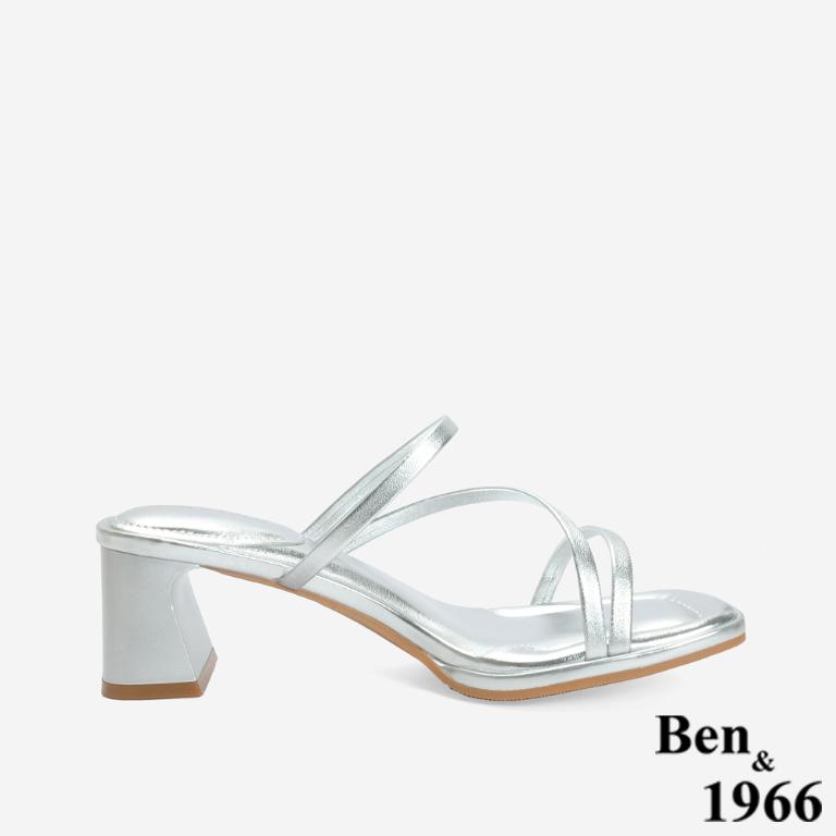Ben&1966 柔軟羊皮優雅細帶方頭高跟拖鞋-銀(246691)