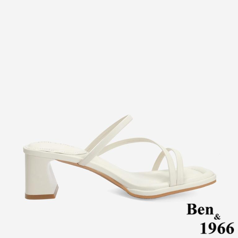 Ben&1966 柔軟羊皮優雅細帶方頭高跟拖鞋-米白(246692)