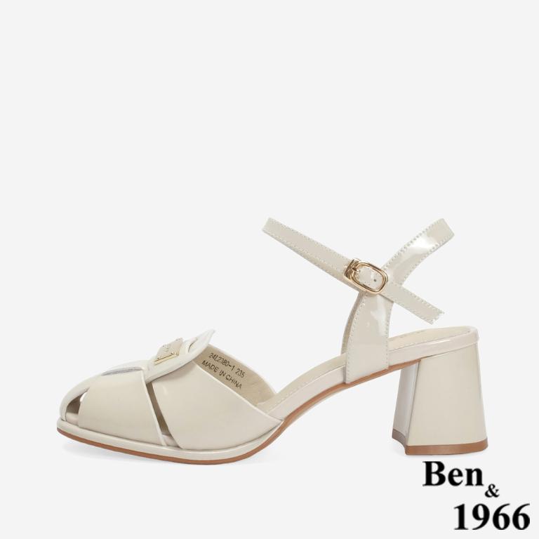 Ben&1966 高級金屬牛皮質感個性高跟涼鞋-米白(246662)