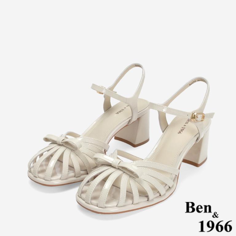 Ben&1966 高級牛漆皮優雅小蝴蝶結造型高跟涼鞋-米白(246702)