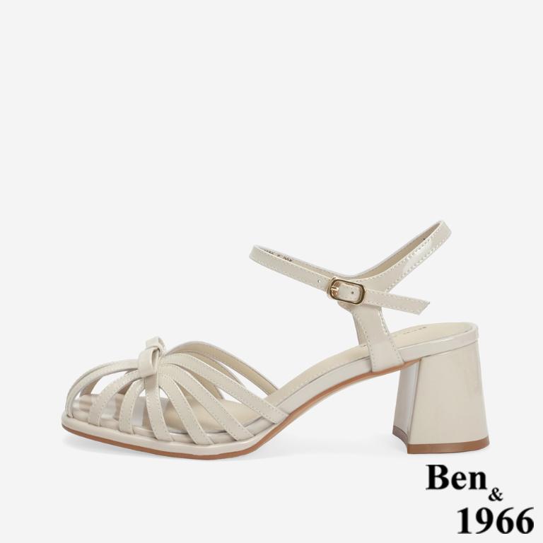 Ben&1966 高級牛漆皮優雅小蝴蝶結造型高跟涼鞋-米白(246702)