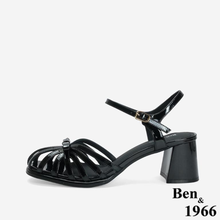 Ben&1966 高級牛漆皮優雅小蝴蝶結造型高跟涼鞋-黑(246701)