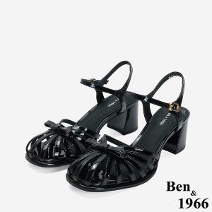 Ben&1966 高級牛漆皮優雅小蝴蝶結造型高跟涼鞋-黑(246701)