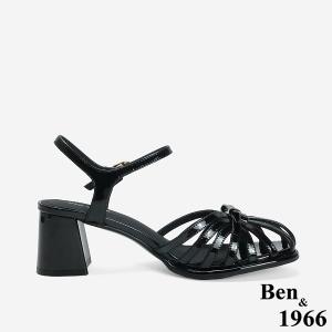 Ben&1966 高級牛漆皮優雅小蝴蝶結造型高跟涼鞋-黑(246701)