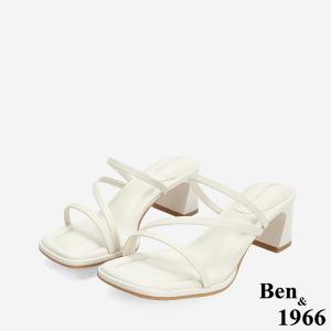 Ben&1966 柔軟羊皮優雅細帶方頭高跟拖鞋-米白(246692)