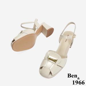 Ben&1966 高級金屬牛皮質感個性高跟涼鞋-米白(246662)