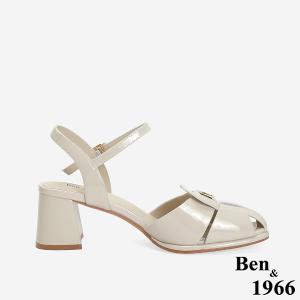 Ben&1966 高級金屬牛皮質感個性高跟涼鞋-米白(246662)