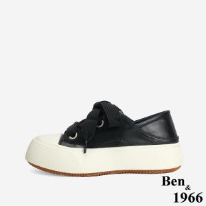 Ben&1966 高級頭層牛皮俏皮寬鞋帶厚底休閒鞋-黑(246761)