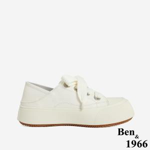 Ben&1966 高級頭層牛皮俏皮寬鞋帶厚底休閒鞋-米白(246762)