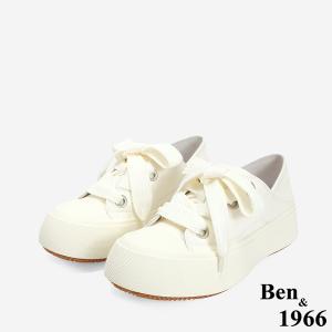 Ben&1966 高級頭層牛皮俏皮寬鞋帶厚底休閒鞋-米白(246762)