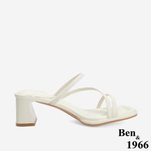 Ben&1966 柔軟羊皮優雅細帶方頭高跟拖鞋-米白(246692)