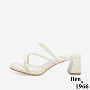 Ben&1966 柔軟羊皮優雅細帶方頭高跟拖鞋-米白(246692)