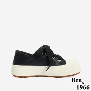 Ben&1966 高級頭層牛皮俏皮寬鞋帶厚底休閒鞋-黑(246761)