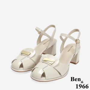 Ben&1966 高級金屬牛皮質感個性高跟涼鞋-米白(246662)