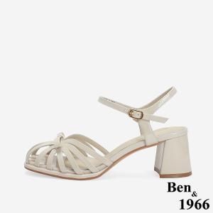 Ben&1966 高級牛漆皮優雅小蝴蝶結造型高跟涼鞋-米白(246702)