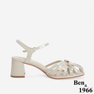 Ben&1966 高級牛漆皮優雅小蝴蝶結造型高跟涼鞋-米白(246702)