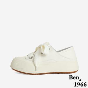 Ben&1966 高級頭層牛皮俏皮寬鞋帶厚底休閒鞋-米白(246762)