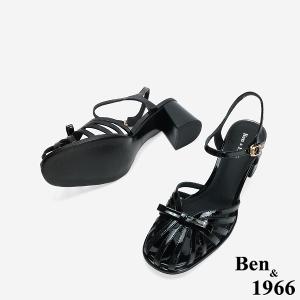 Ben&1966 高級牛漆皮優雅小蝴蝶結造型高跟涼鞋-黑(246701)