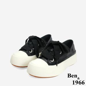 Ben&1966 高級頭層牛皮俏皮寬鞋帶厚底休閒鞋-黑(246761)