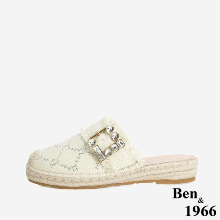 Ben&1966 夏日丹寧布草編方鑽漁夫穆勒拖-米白(246502)