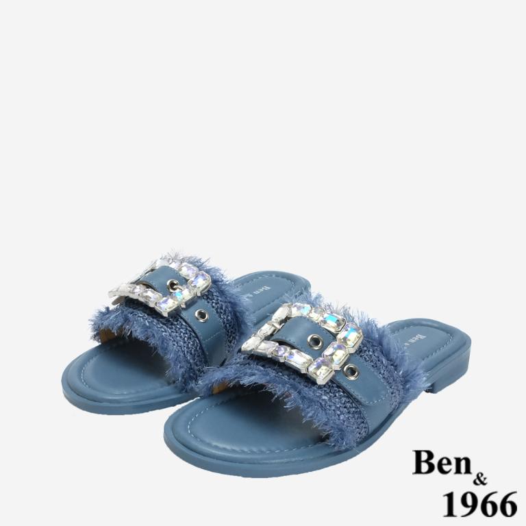 Ben&1966 夏日度假風草編一字方鑽涼拖鞋-藍(246601)
