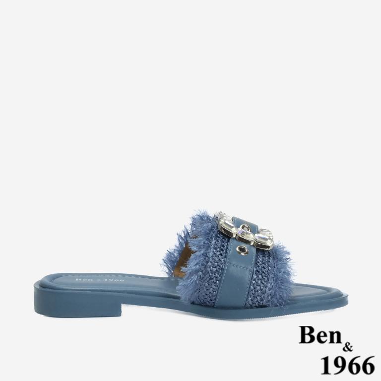 Ben&1966 夏日度假風草編一字方鑽涼拖鞋-藍(246601)