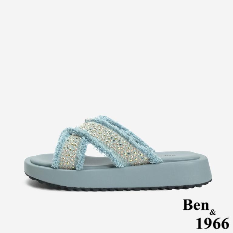Ben&1966 夏日丹寧布交叉帶碎鑽厚底拖鞋-藍(246711)