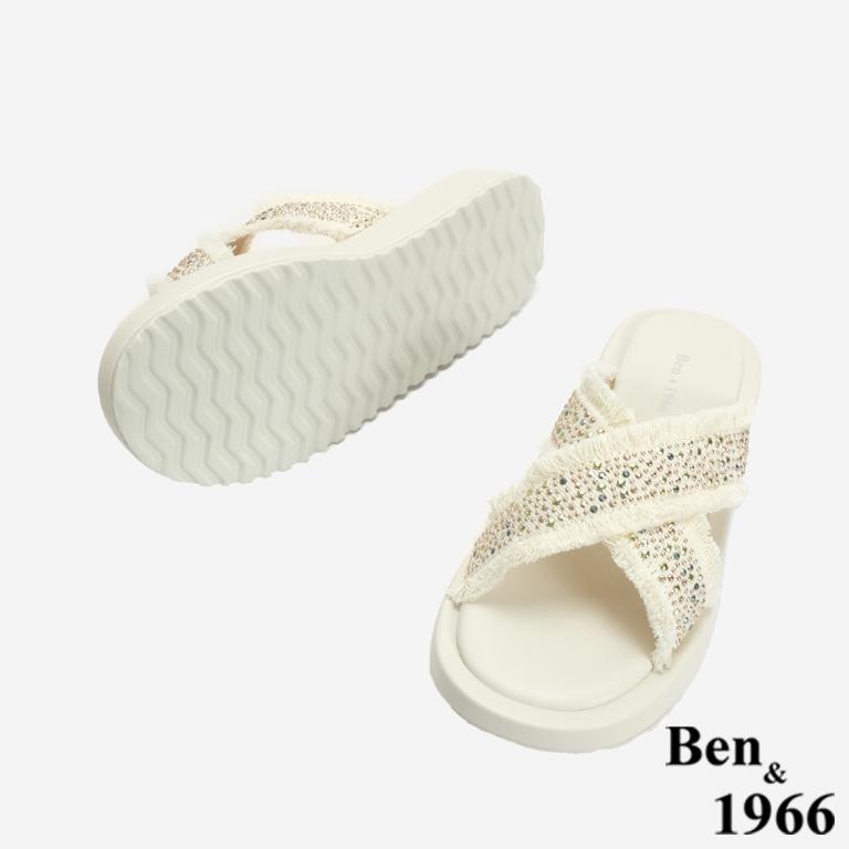Ben&1966 夏日丹寧布交叉帶碎鑽厚底拖鞋-米白(246712)