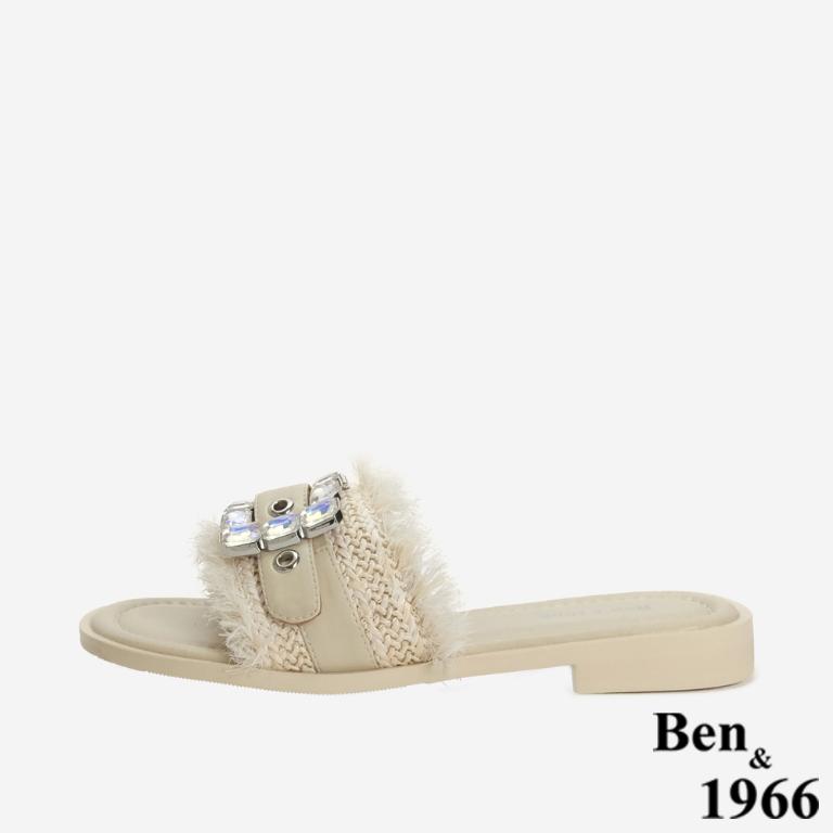 Ben&1966 夏日度假風草編一字方鑽涼拖鞋-米白(246602)