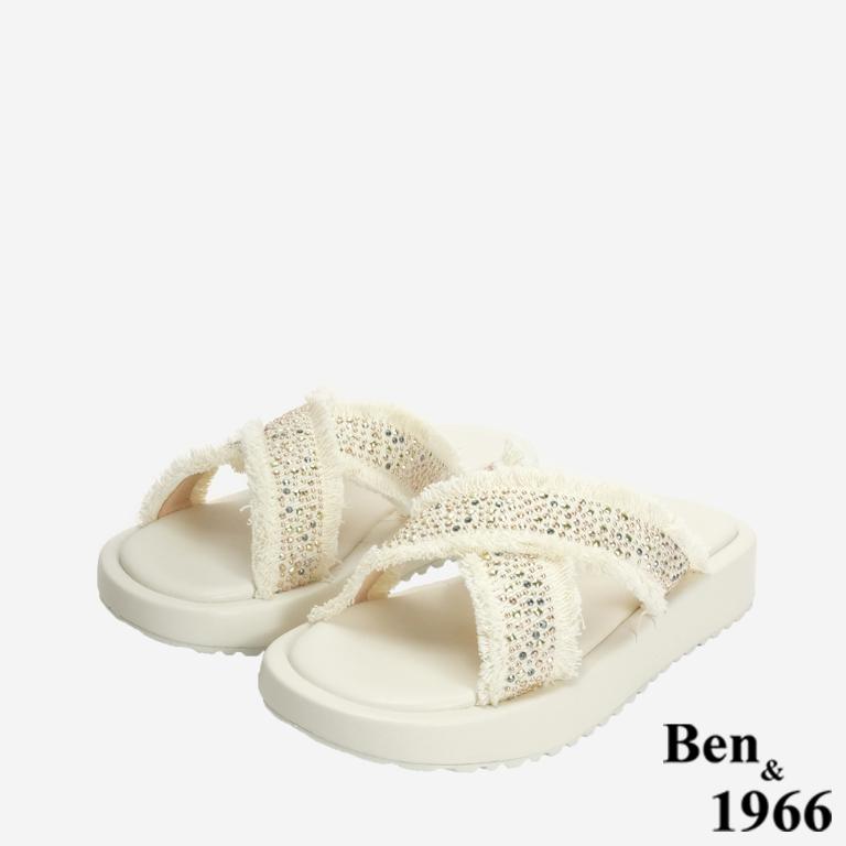 Ben&1966 夏日丹寧布交叉帶碎鑽厚底拖鞋-米白(246712)