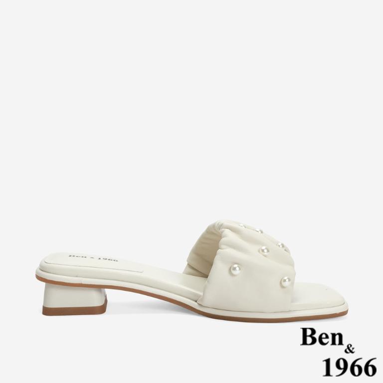 Ben&1966 柔軟羊皮氣質珍珠一字低跟涼拖鞋-米白(246542)