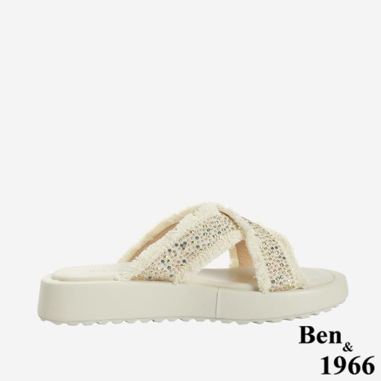 Ben&1966 夏日丹寧布交叉帶碎鑽厚底拖鞋-米白(246712)