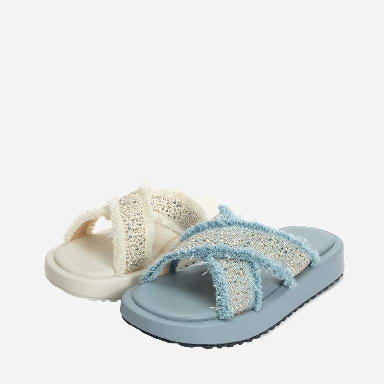 Ben&1966 夏日丹寧布交叉帶碎鑽厚底拖鞋-米白(246712)