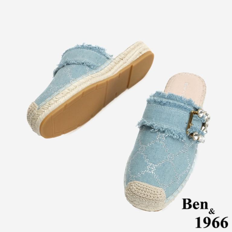 Ben&1966 夏日丹寧布草編方鑽漁夫穆勒拖-藍(246501)