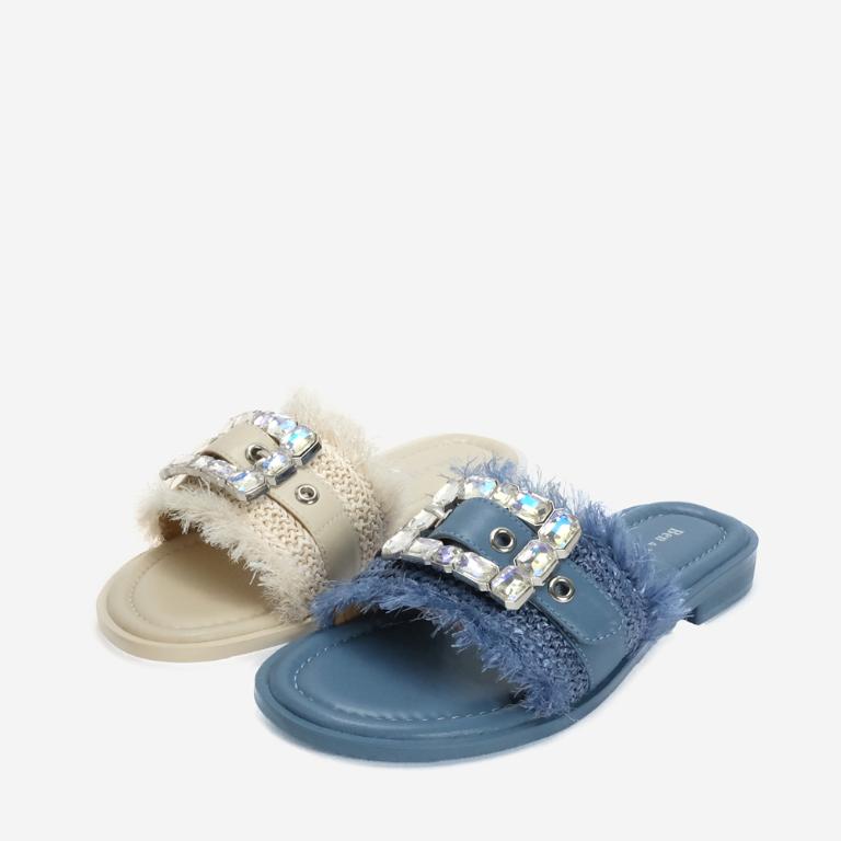 Ben&1966 夏日度假風草編一字方鑽涼拖鞋-米白(246602)