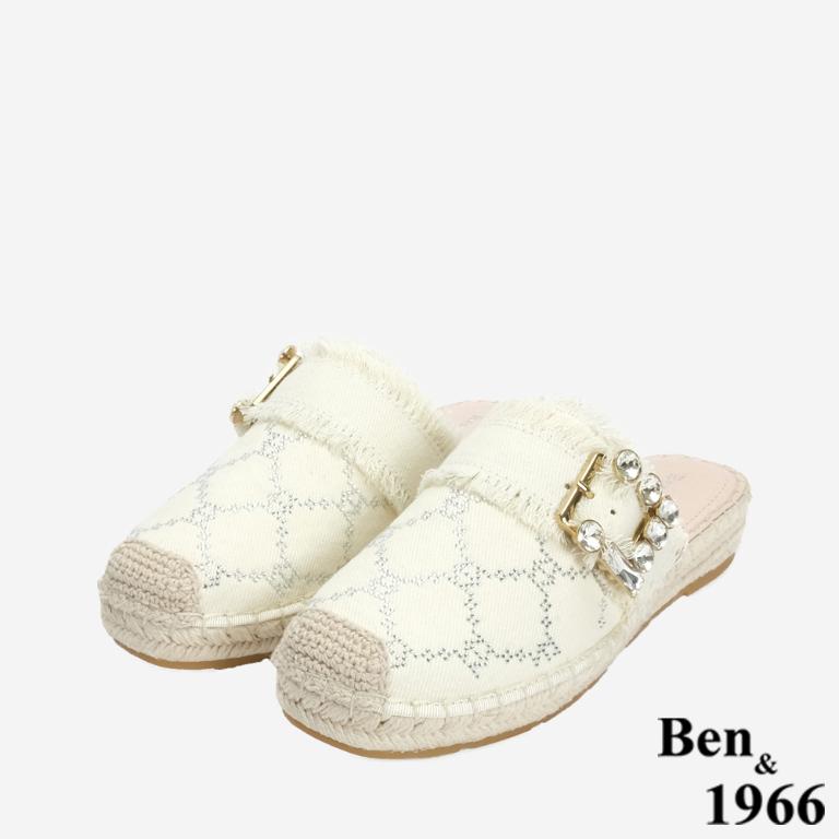 Ben&1966 夏日丹寧布草編方鑽漁夫穆勒拖-米白(246502)