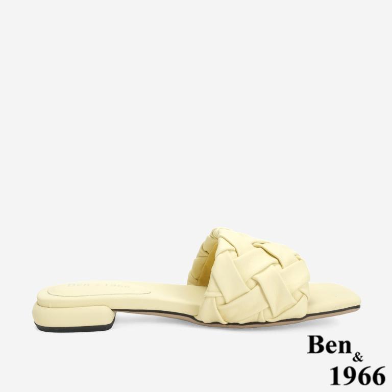 Ben&1966 柔軟羊皮草編感休閒質感度假涼拖鞋-淡黃(246342)