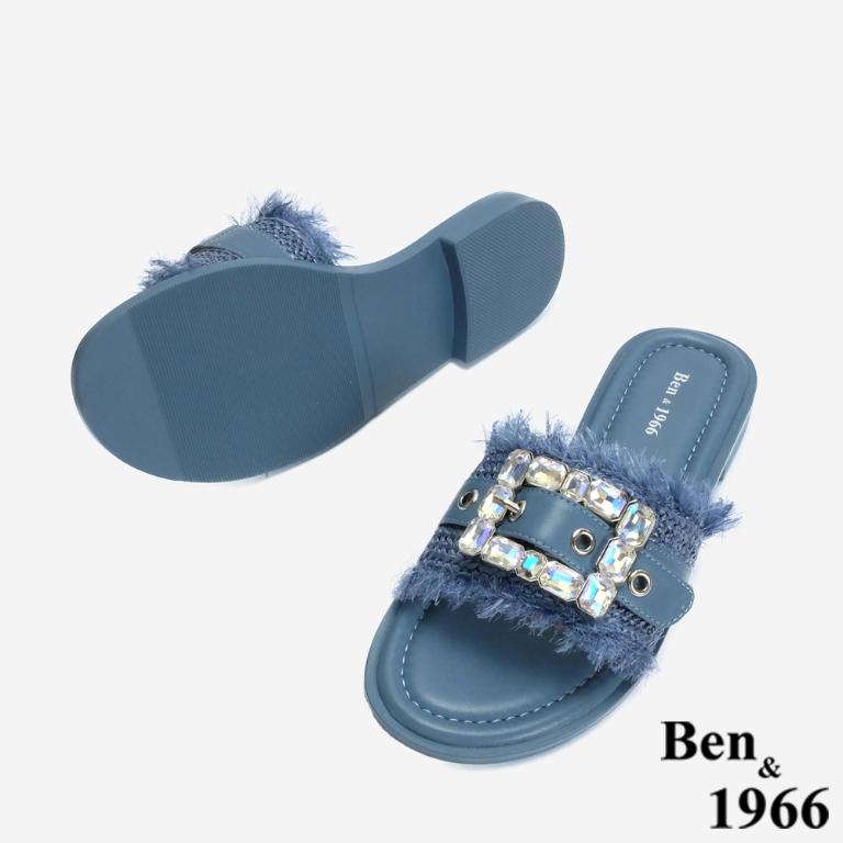 Ben&1966 夏日度假風草編一字方鑽涼拖鞋-藍(246601)