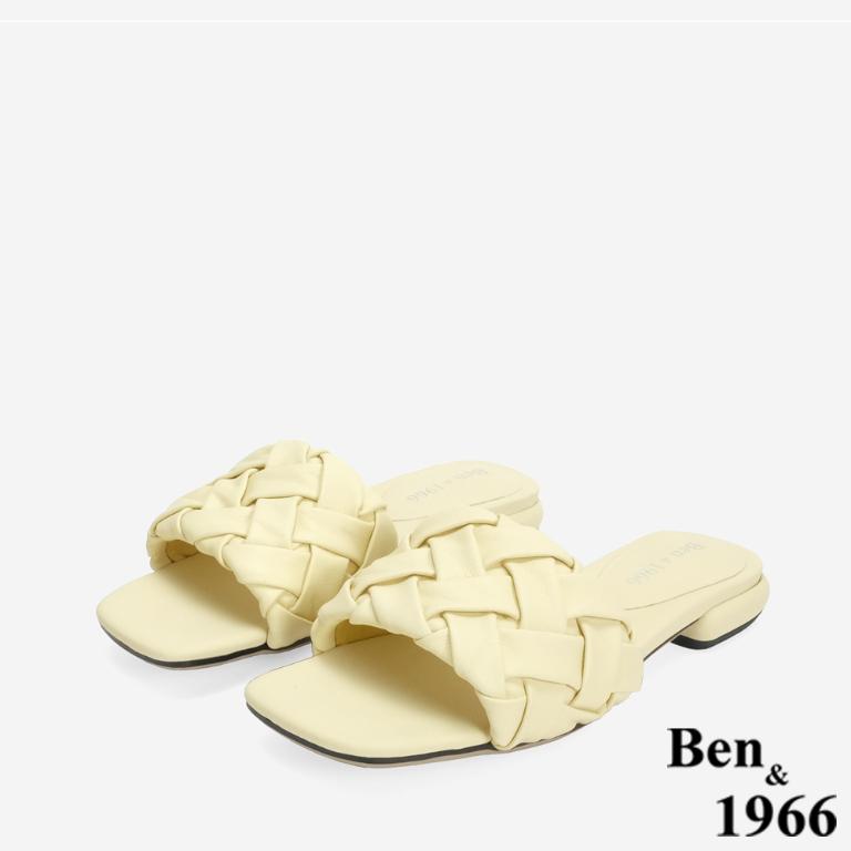 Ben&1966 柔軟羊皮草編感休閒質感度假涼拖鞋-淡黃(246342)