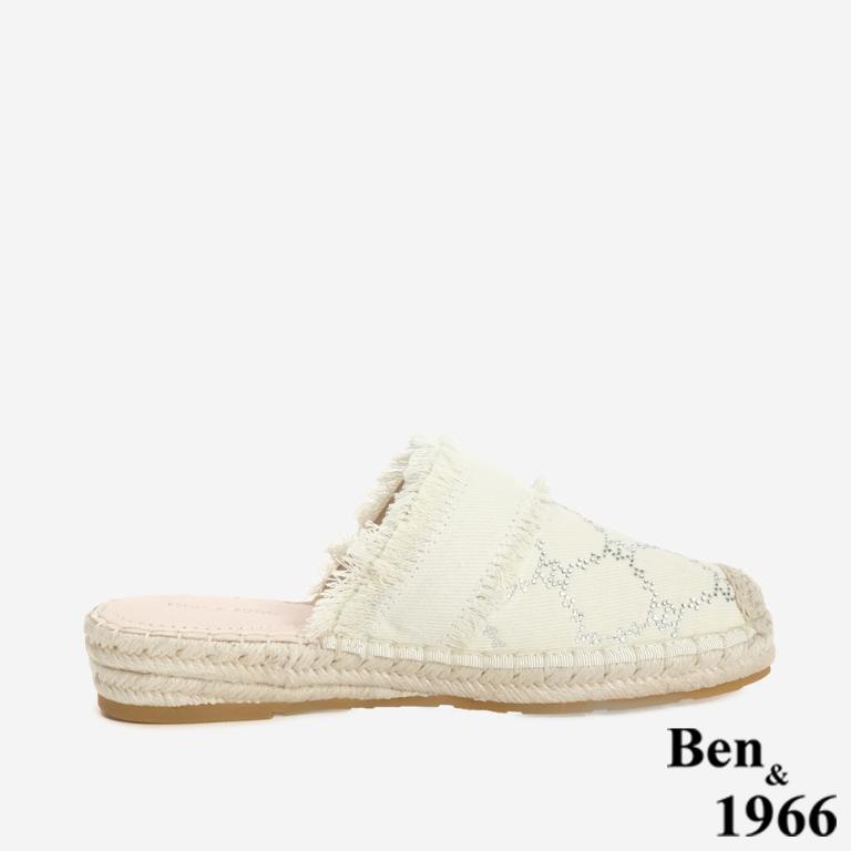 Ben&1966 夏日丹寧布草編方鑽漁夫穆勒拖-米白(246502)