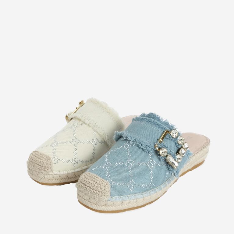 Ben&1966 夏日丹寧布草編方鑽漁夫穆勒拖-藍(246501)