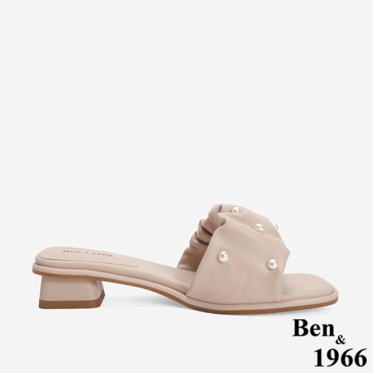 Ben&1966 柔軟羊皮氣質珍珠一字低跟涼拖鞋-粉紅(246541)