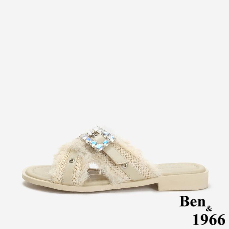 Ben&1966 夏日度假風草編交叉亮鑽平底拖鞋-米白(246642)