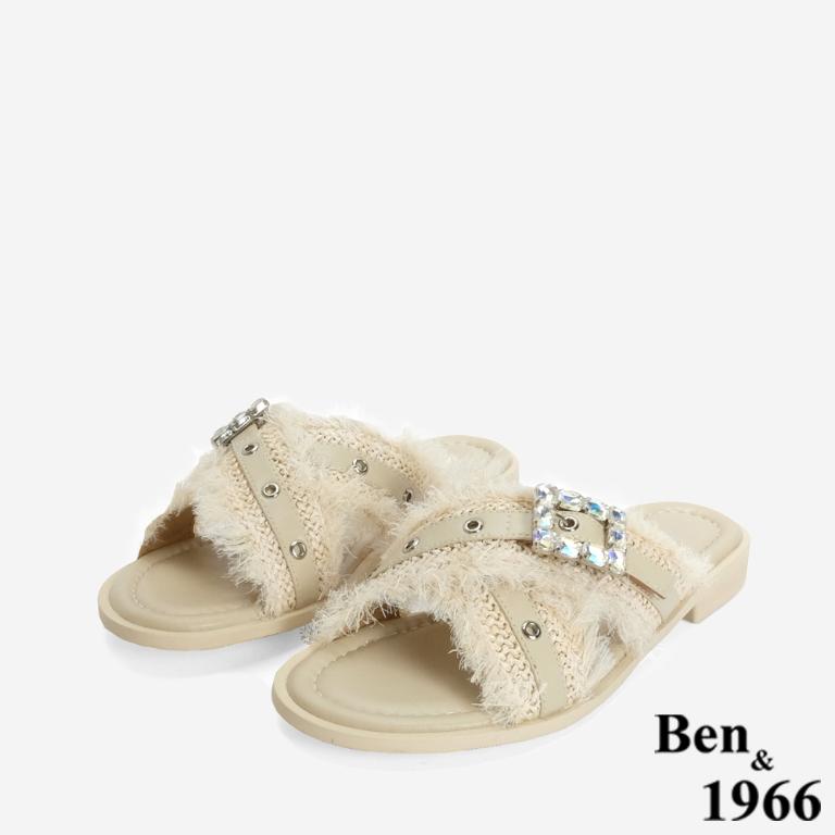 Ben&1966 夏日度假風草編交叉亮鑽平底拖鞋-米白(246642)